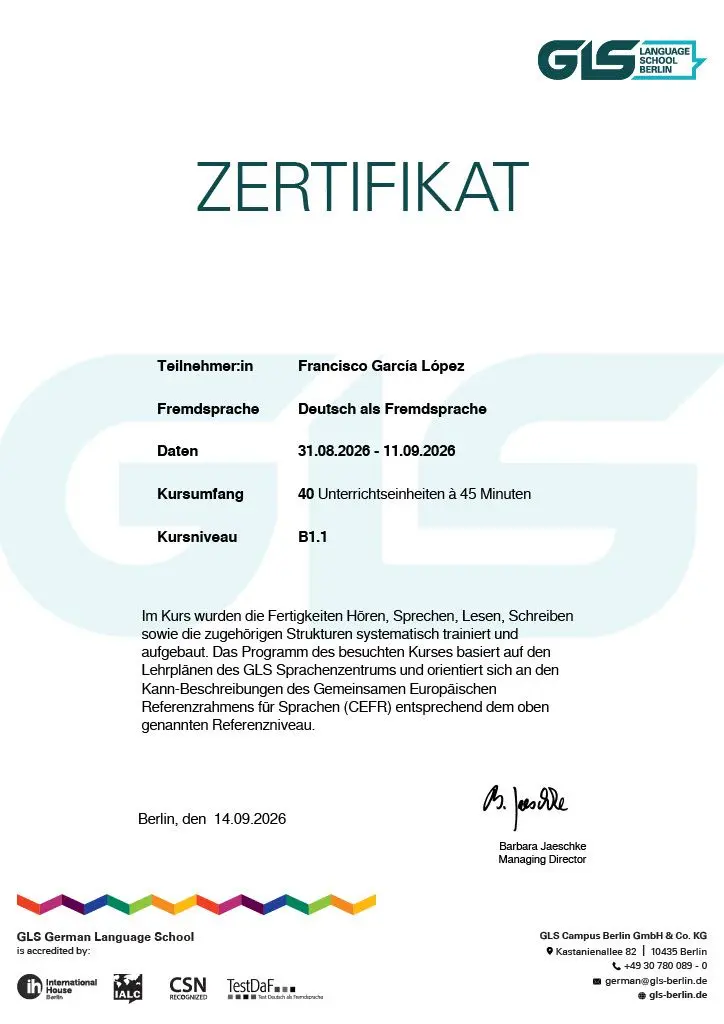 Curso intensivo de 2 semanas de Alemán B1 en Berlín certificate